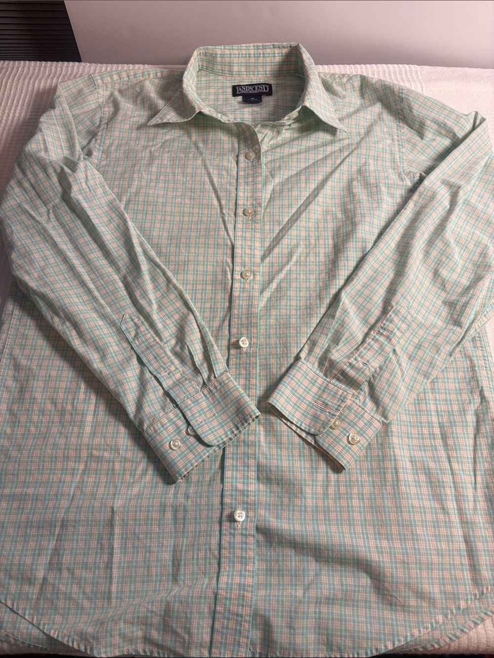 Lands' End Women's Mint Green and Peach Plaid Button-Down Shirt